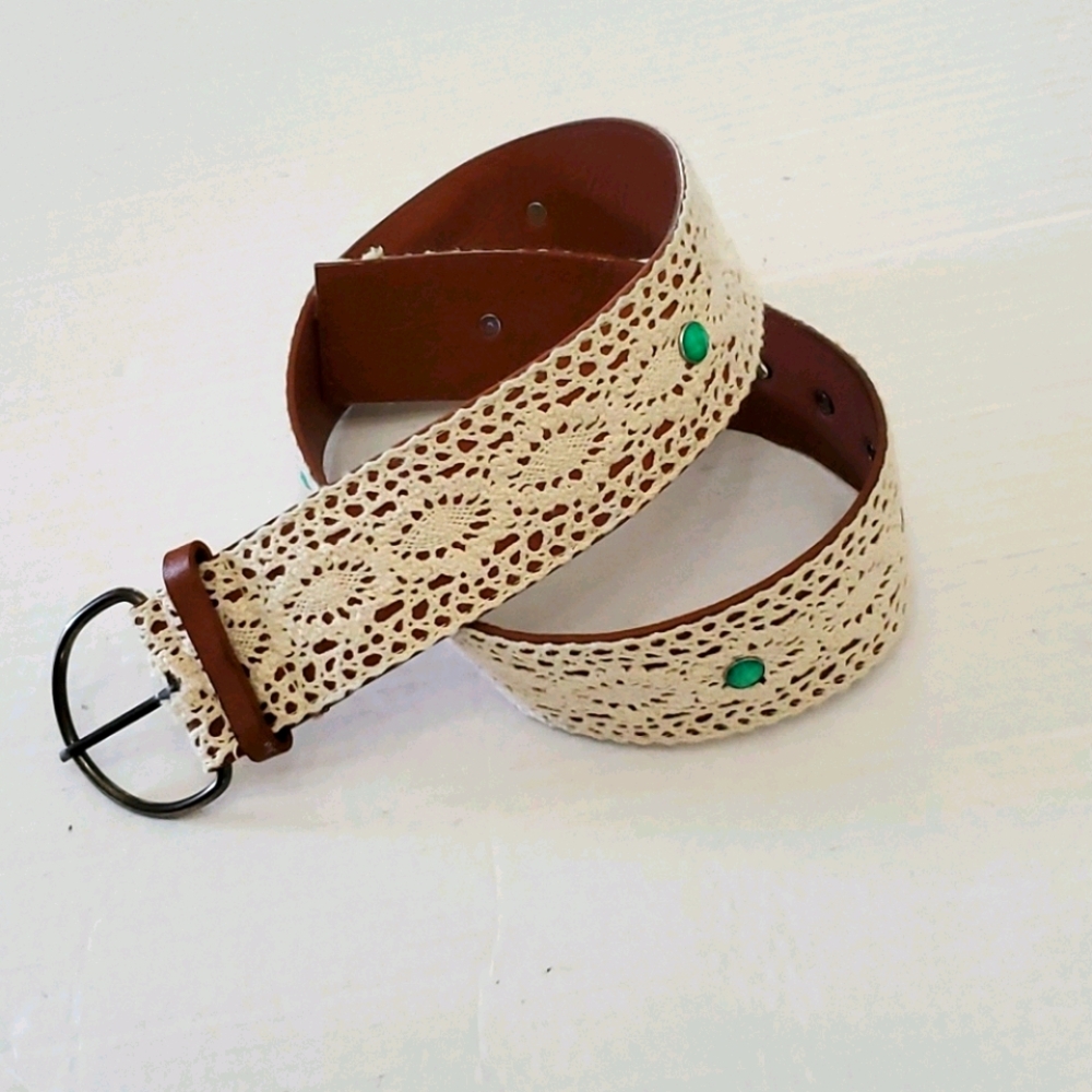Cream Crocheted Embellished Boho Romantic Belt S